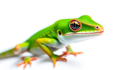 Fototapeta premium vibrant green anole lizard showcases its bright pink dewlap perched gracefully against a pristine white background under high key lighting revealing its intricate details.