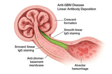 Microscopic illustration of Anti-GBM Disease with linear antibody deposition in the glomerulus and crescent formation, indicating alveolar hemorrhage.
