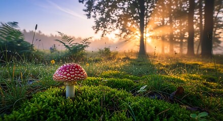 Enchanting Forest Mushroom Bathed in Golden Sunrise Rays