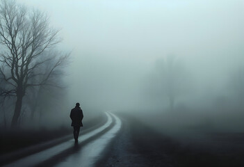 Lonely figure walking down a winding road shrouded in dense fog barren trees on either side casting faint silhouettes into the mist atmospheric moody and mysterious with a cinematic noir tone