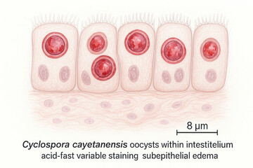 Microscopic illustration of Cyclospora cayetanensis oocysts within the intestithelium, showing acid-fast variable staining and subepithelial edema.