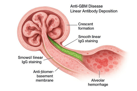 Microscopic illustration of Anti-GBM Disease with linear antibody deposition in the glomerulus and crescent formation, indicating alveolar hemorrhage.