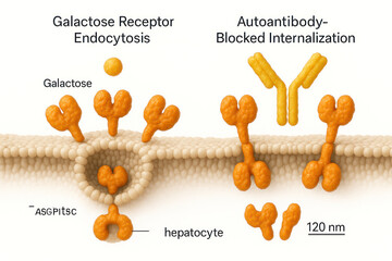 Scientific illustration of galactose receptor endocytosis and autoantibody-blocked internalization in hepatocytes, showing the molecular mechanisms of cellular uptake and inhibition.
