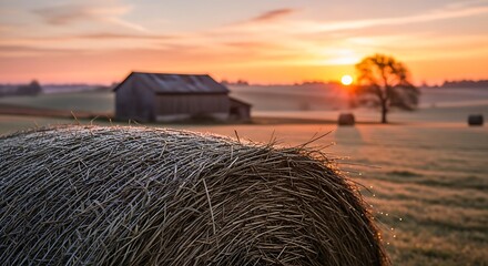Golden Sunrise Over Rural Farm Fields With Hay Bales and Barn