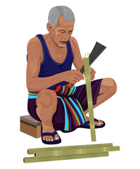 An old country man is sitting splitting bamboo.vector design