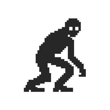 Pixelated creature crouches with glowing eyes on white background using retro eight bit style