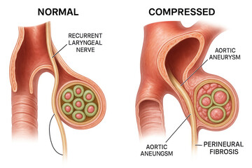 Medical illustration comparing a normal recurrent laryngeal nerve with one compressed by an aortic aneurysm and perineural fibrosis.