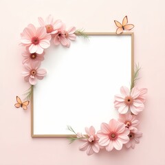 Floral frame with pink flowers and butterflies on pastel background  