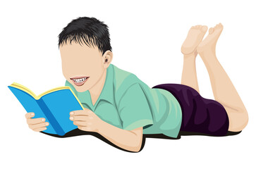 A boy lying face down reading a book. vector design