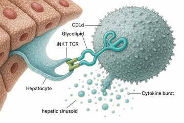 Illustration of a hepatocyte interacting with an iNKT cell in the hepatic sinusoid, leading to a cytokine burst.