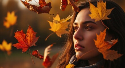 Womans face framed by falling autumn leaves in warm lighting