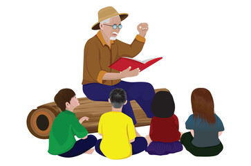 Grandpa is sitting and telling stories to the children.vector design
