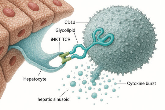 Illustration of a hepatocyte interacting with an iNKT cell in the hepatic sinusoid, leading to a cytokine burst.
