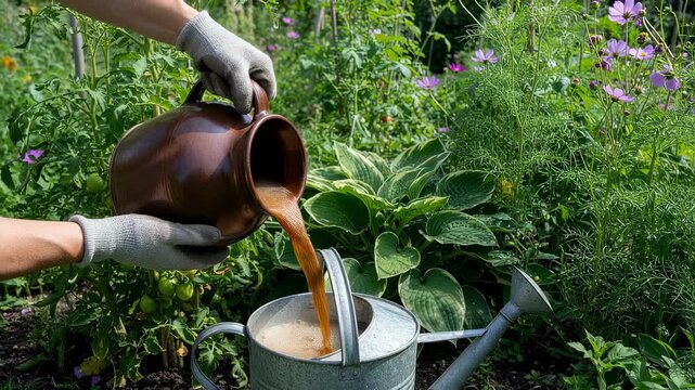 Medium shot of hands pouring aerated compost tea into a watering can for enriching plant roots in a thriving garden.