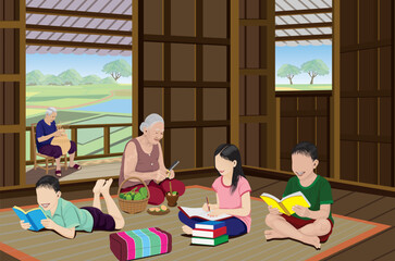 Two boys and a girl are doing their homework and reading books at home.vector design