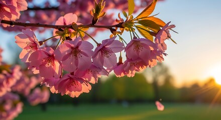 Pink cherry blossoms bloom in the warm glow of the setting sun