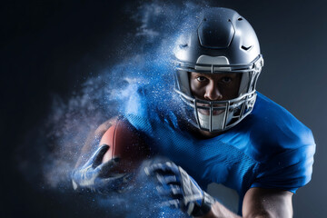 A football player wearing a helmet and blue jersey is running with a football