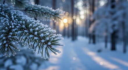 Winter Forest Sunlight Through Frosty Pine Branches on Snowy Path