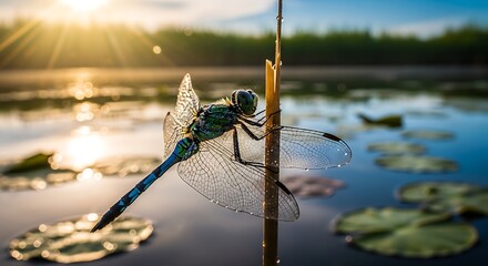 Dragonfly resting on a reed at sunrise over a tranquil pond