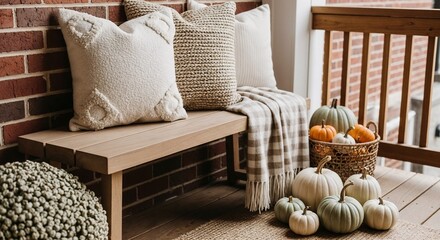 Bench with pillows and blanket in cozy fall decor with pumpkins and squash on a porch for autumn holiday celebration.