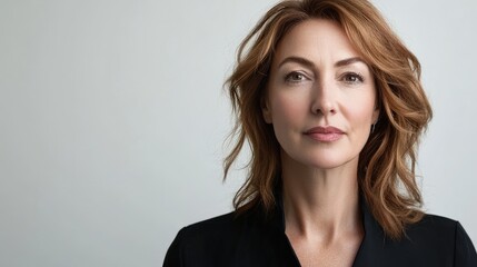 Naklejka premium Confident Woman with Natural Beauty in Professional Attire Against a Neutral Background