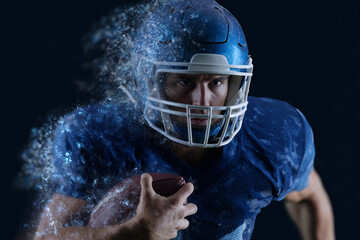 A man in a blue football helmet is running with a football