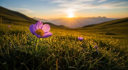 Delicate Purple Flower Blooms Amidst Dewy Green Mountain Landscape at Sunrise