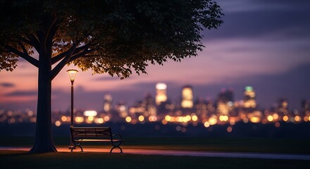 Serene Park Bench Under a Tree Illuminated by a Lamp with City Lights in the Distance