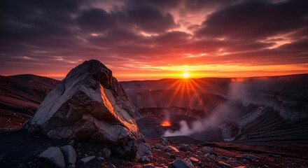 Majestic Volcanic Crater Sunrise With Fiery Glow Over Rocky Landscape