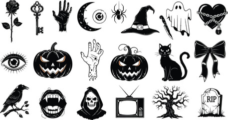 A collection of spooky and gothic-themed illustrations, featuring Halloween icons like pumpkins, ghosts, and black cats, alongside other dark imagery such as roses, keys, and skulls.