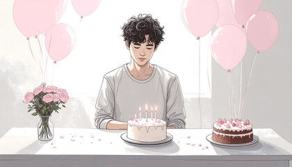 A young man, seated at a table, observes a birthday cake adorned with pink accents