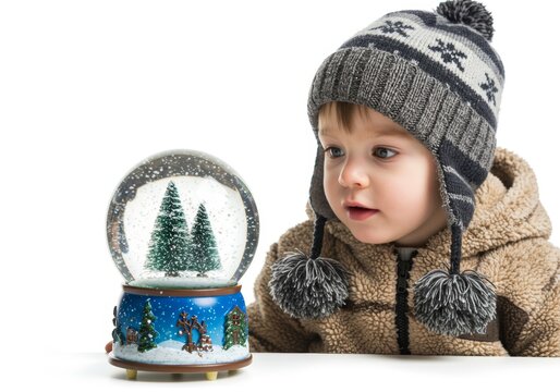 Enchanting winter: Young boy gazes with wonder at a snow globe filled with dreams - Powered by Adobe