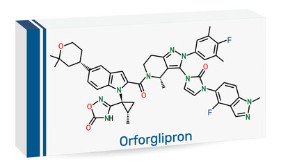 Orforglipron molecule. Oral GLP-1 receptor agonist investigated for type 2 diabetes and obesity treatment. Skeletal chemical formula. Paper packaging for drugs. Vector illustration