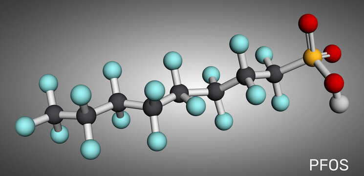 PFOS molecule. Perfluorooctanesulfonic acid and perfluorooctane sulfonate, PFAS pollutant and persistent organic contaminant. Molecular model. 3D rendering. Illustration