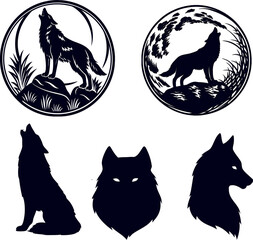 Wolf vector icon set in multiple styles in front face, side face view, silhouette and in howling styles pose