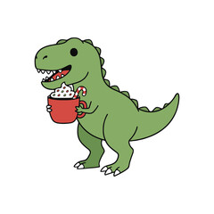 Cute Dinosaur Clipart Vector | T-Rex Holding Hot Chocolate with Candy Cane