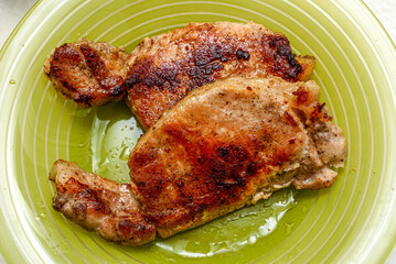 Top view of fried meat on a green plate.