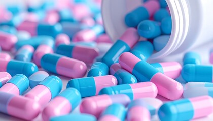 Close-up of assorted pills spilling from a container