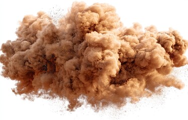 A large, dense cloud of brownish-orange dust or debris, exploding outwards against a pure white background.  Particles are scattered around the cloud