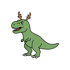 Funny Christmas Dinosaur Vector | T-Rex with Reindeer Antlers Cartoon