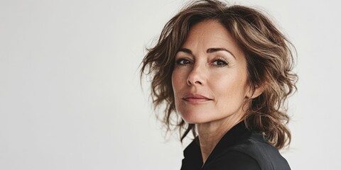 Elegant Portrait of a Confident Woman with Wavy Hair Against a Neutral Background