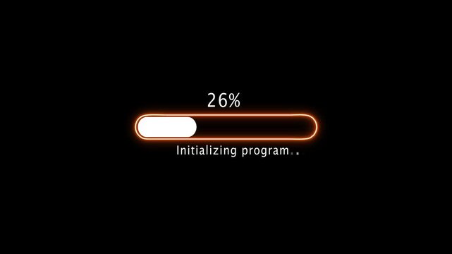 initializing program  loading bar at 100 percent on a black background. progress bar icon animation