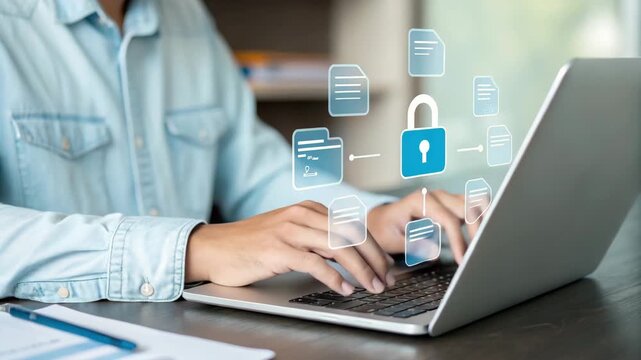 Person typing on laptop with digital file security icons floating above the keyboard area shown - Powered by Adobe