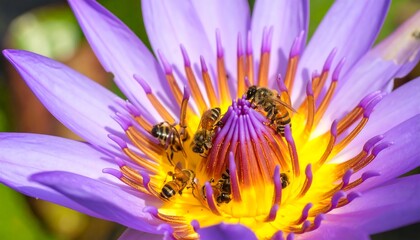 Bees cluster around a purple lotus flower, focusing on the bright, yellow center
