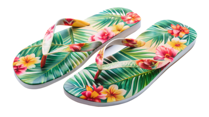 A pair of colorful flipflops with a floral and tropical leaf pattern, perfect for summer vacation and beach days, isolated on transparent background