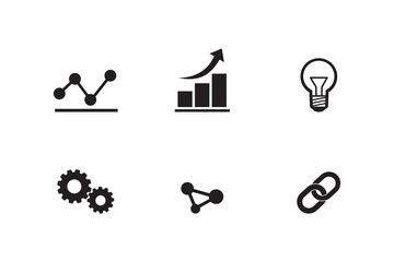 Minimal black business icons including graph, chart, gear, light bulb, and link for finance or technology.