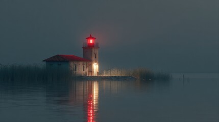 A tranquil lighthouse stands sentinel on a misty lake at dusk, its red lamp illuminating the still water.