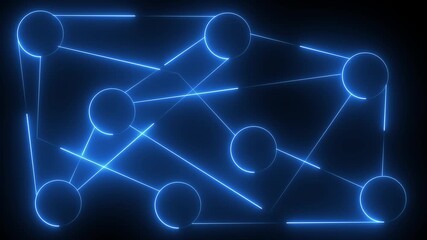 Animation of network of connections and circle  icons interacting over cityscape with clouds on black background. 4k video. Global networks, business, finances, computing and data proc......