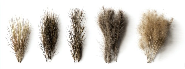 A collection of varying shades of brown and beige plant-like objects on a white background