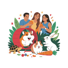 Naklejka premium Happy family with diverse small pets including a hamster guinea pig rabbit and turtle enjoying time together outdoors surrounded by greenery
